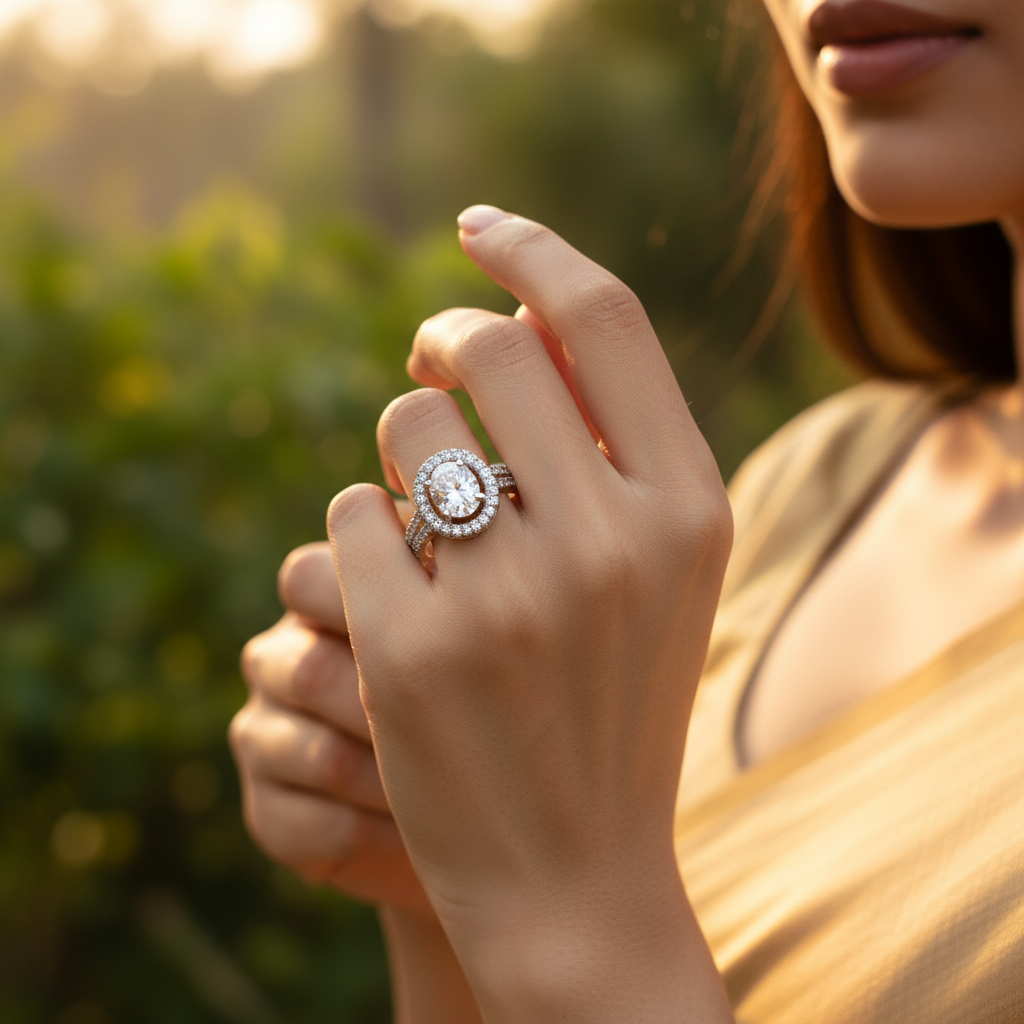 925 Silver Oval Halo Ring for Women | Anniversary Gift