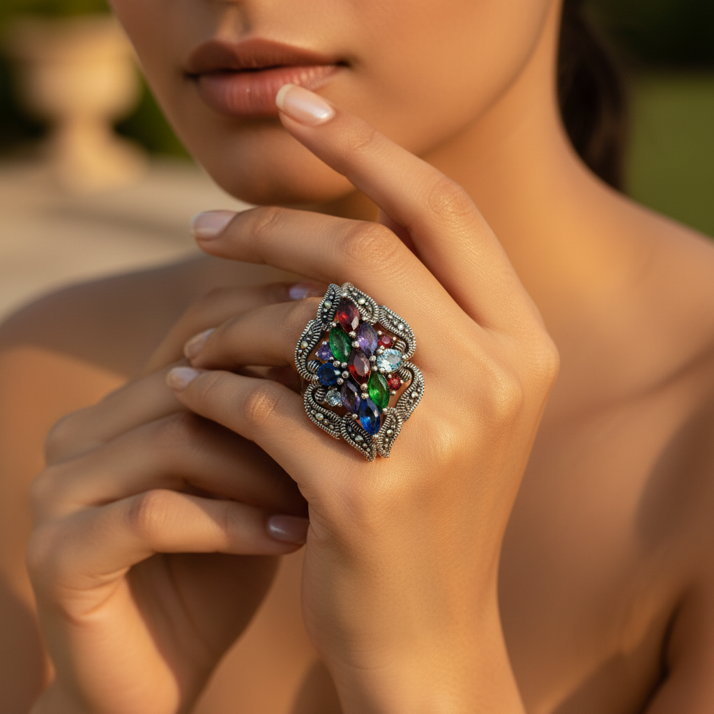 925 Silver Multi-Gemstone Cocktail Ring for Women | Statement Jewelry
