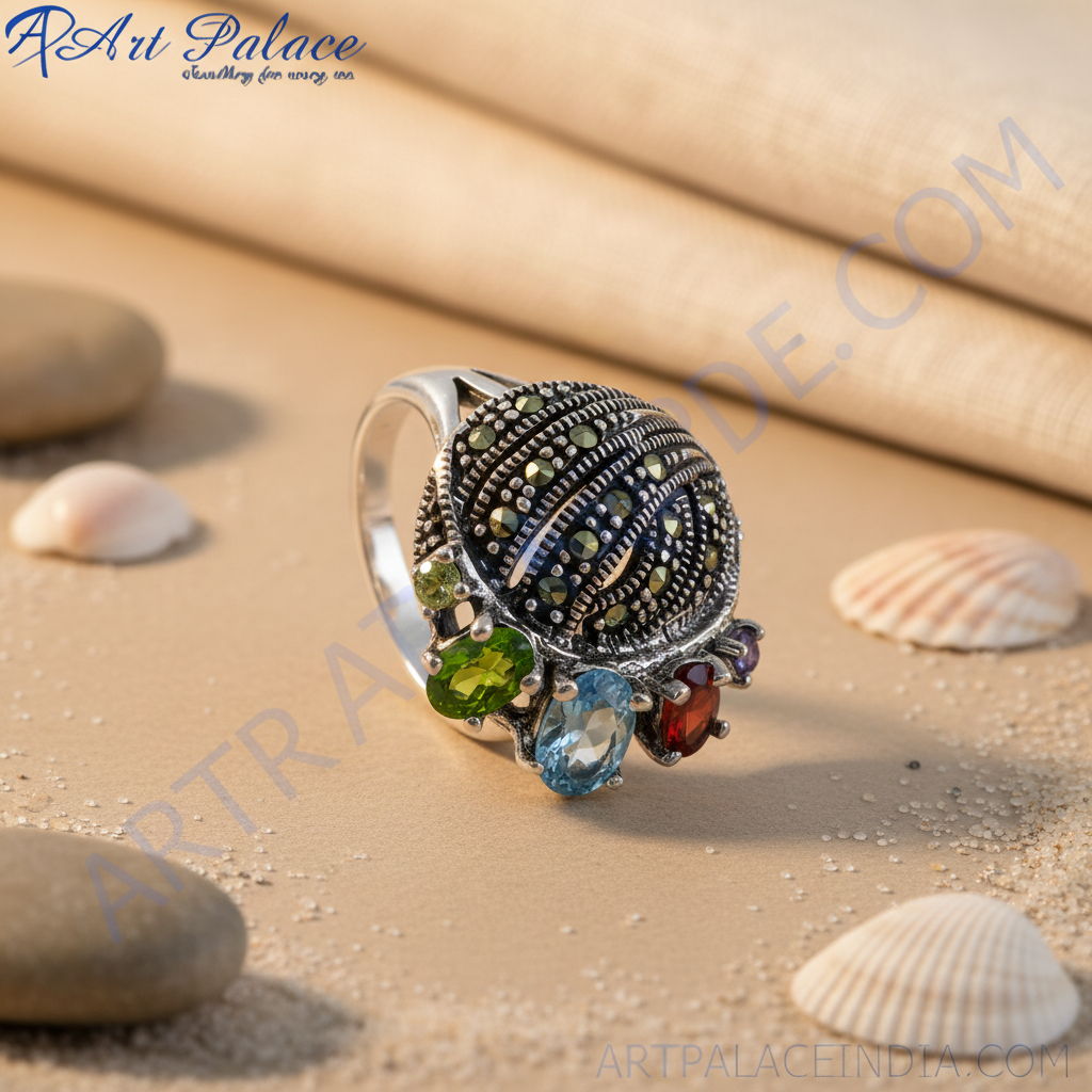 925 Sterling Silver Gemstone Marcasite Ring for Women
