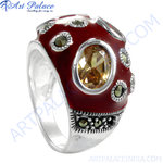 Load image into Gallery viewer, 925 sterling silver red enamel ring with a central citrine gemstone, ideal for women, statement piece
