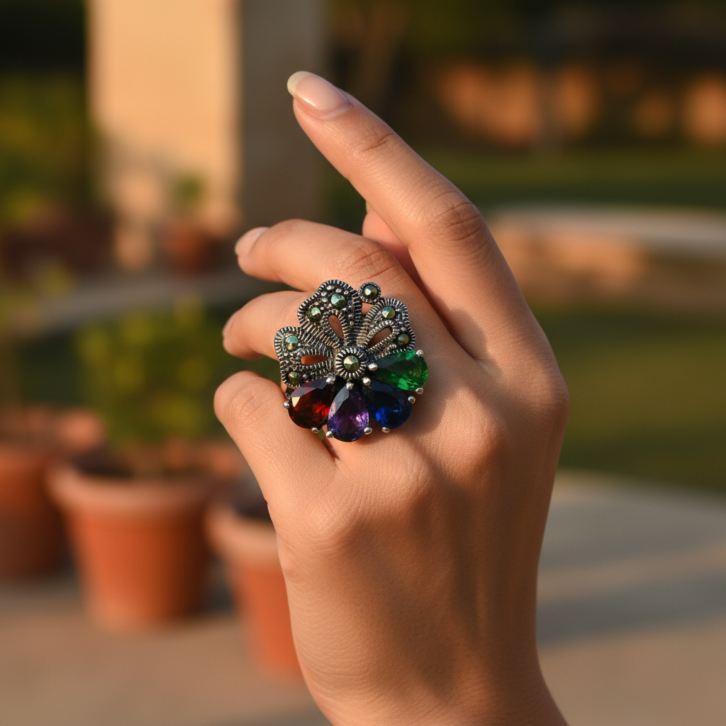 Silver Marcasite Ring with Gemstones for Women | Statement Ring