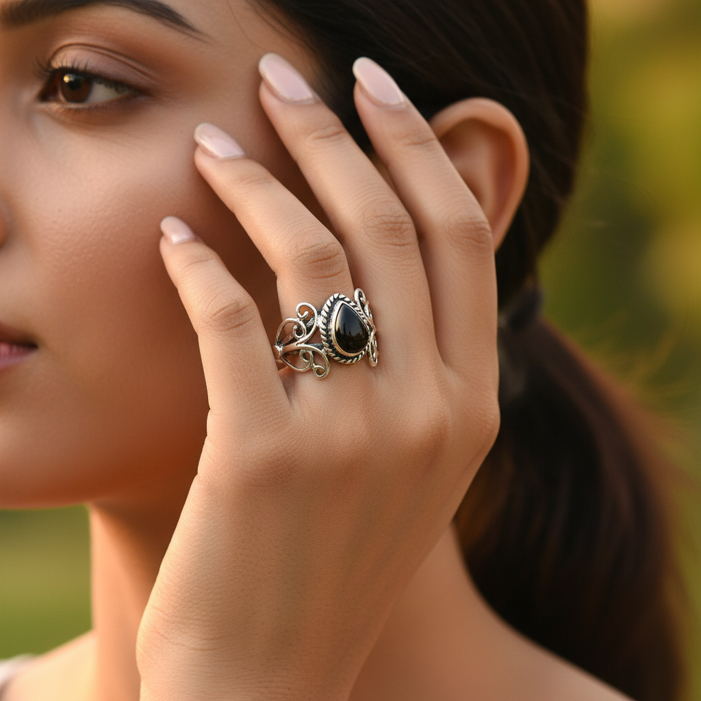 925 Silver Black Onyx Teardrop Ring for Women | Gift Jewelry