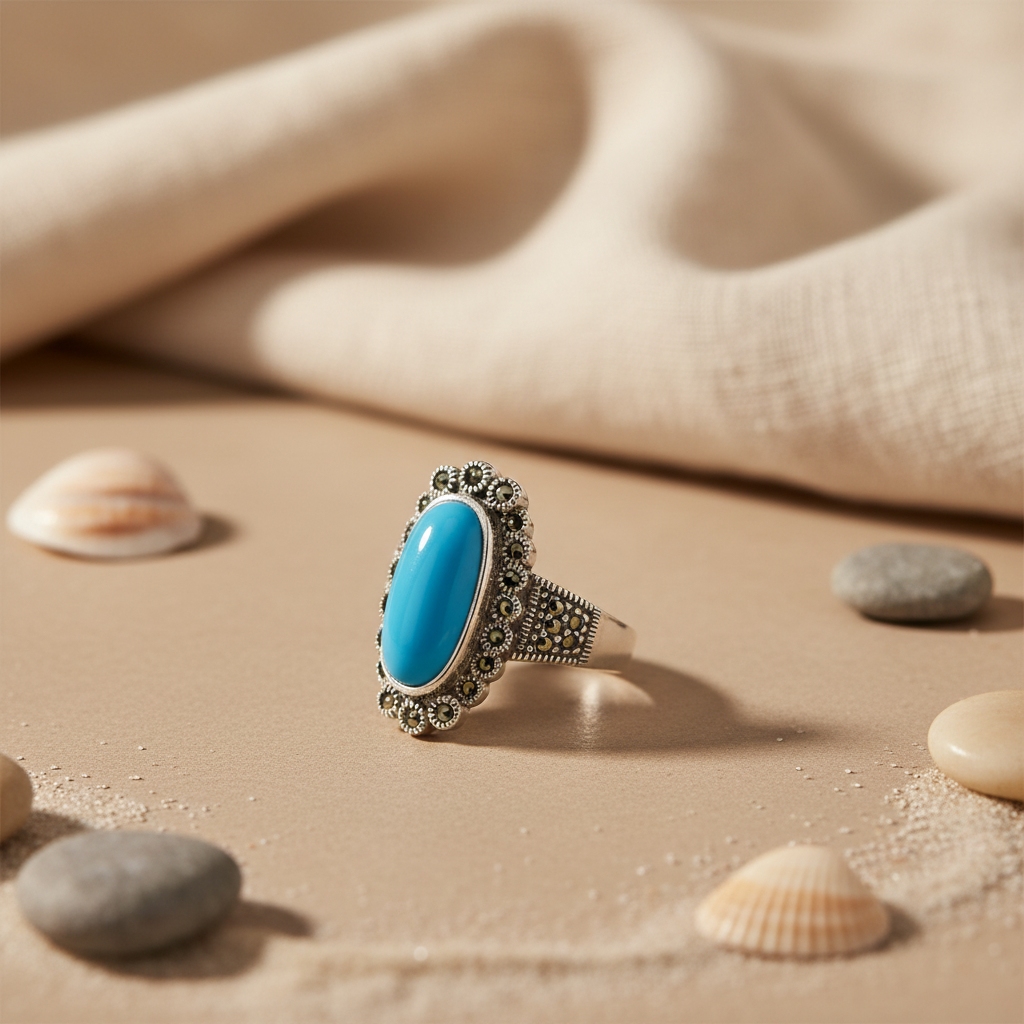 925 Silver Turquoise Marcasite Ring for Women | Gift Jewelry