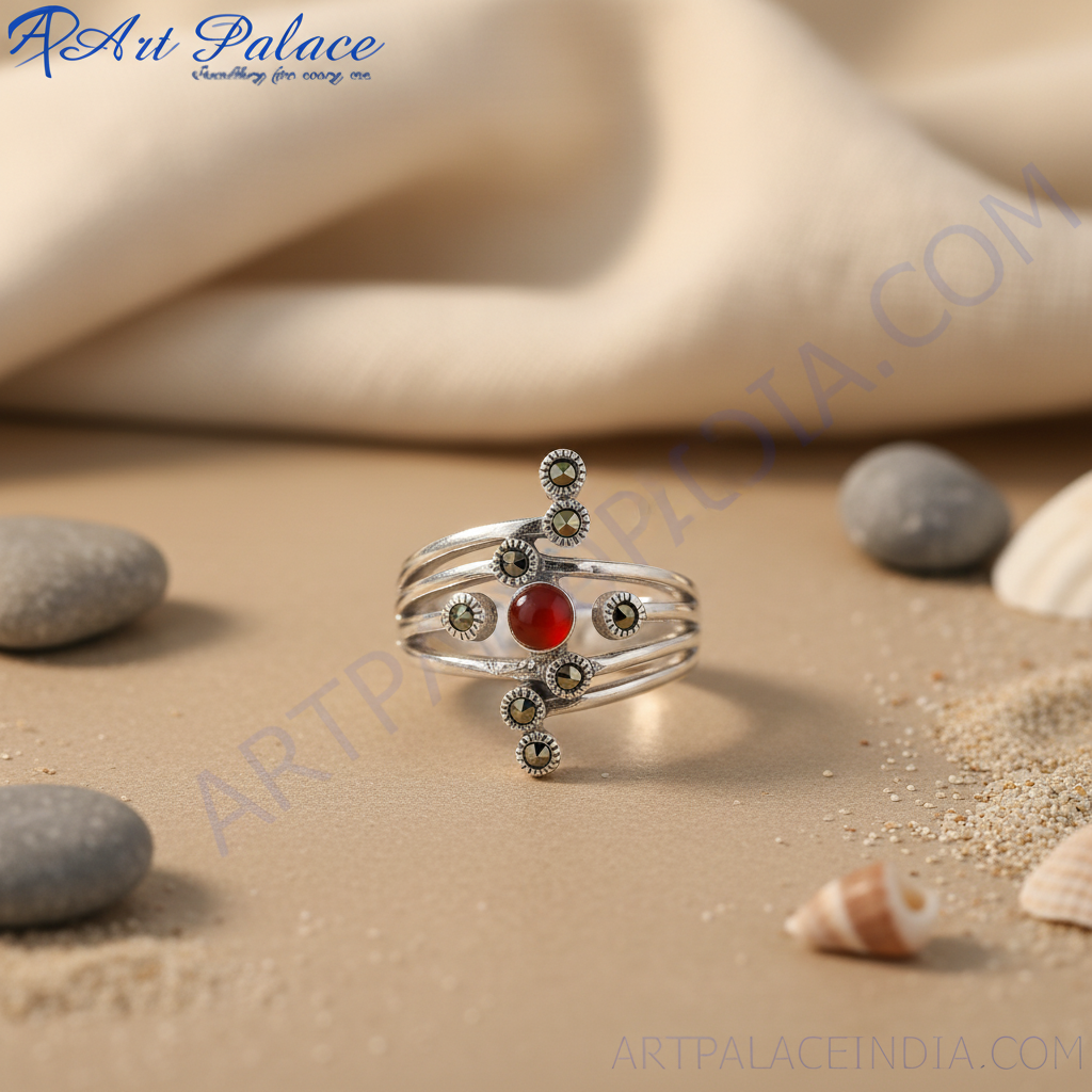 925 Silver Red Gemstone Ring with Marcasite for Women
