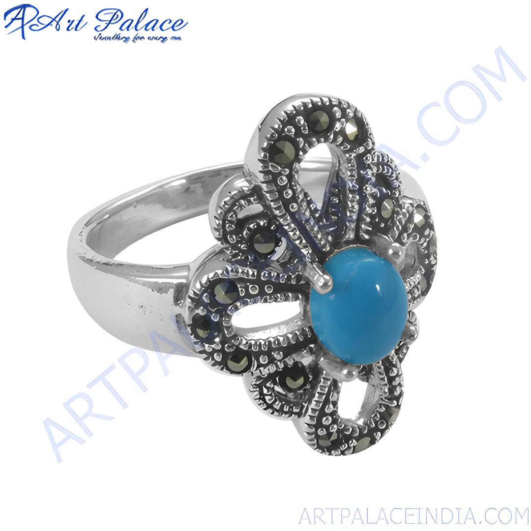 925 silver ring featuring a vibrant blue turquoise gemstone and marcasite accents