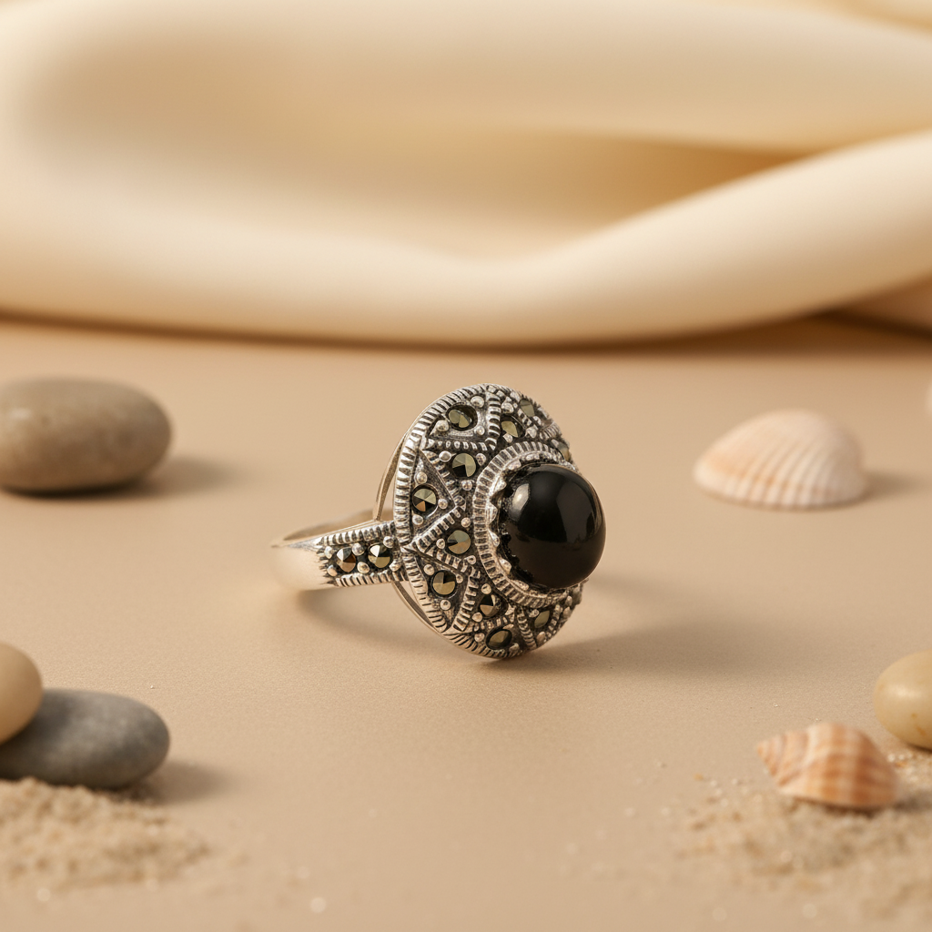 925 Silver Onyx Marcasite Ring for Women | Statement Jewelry