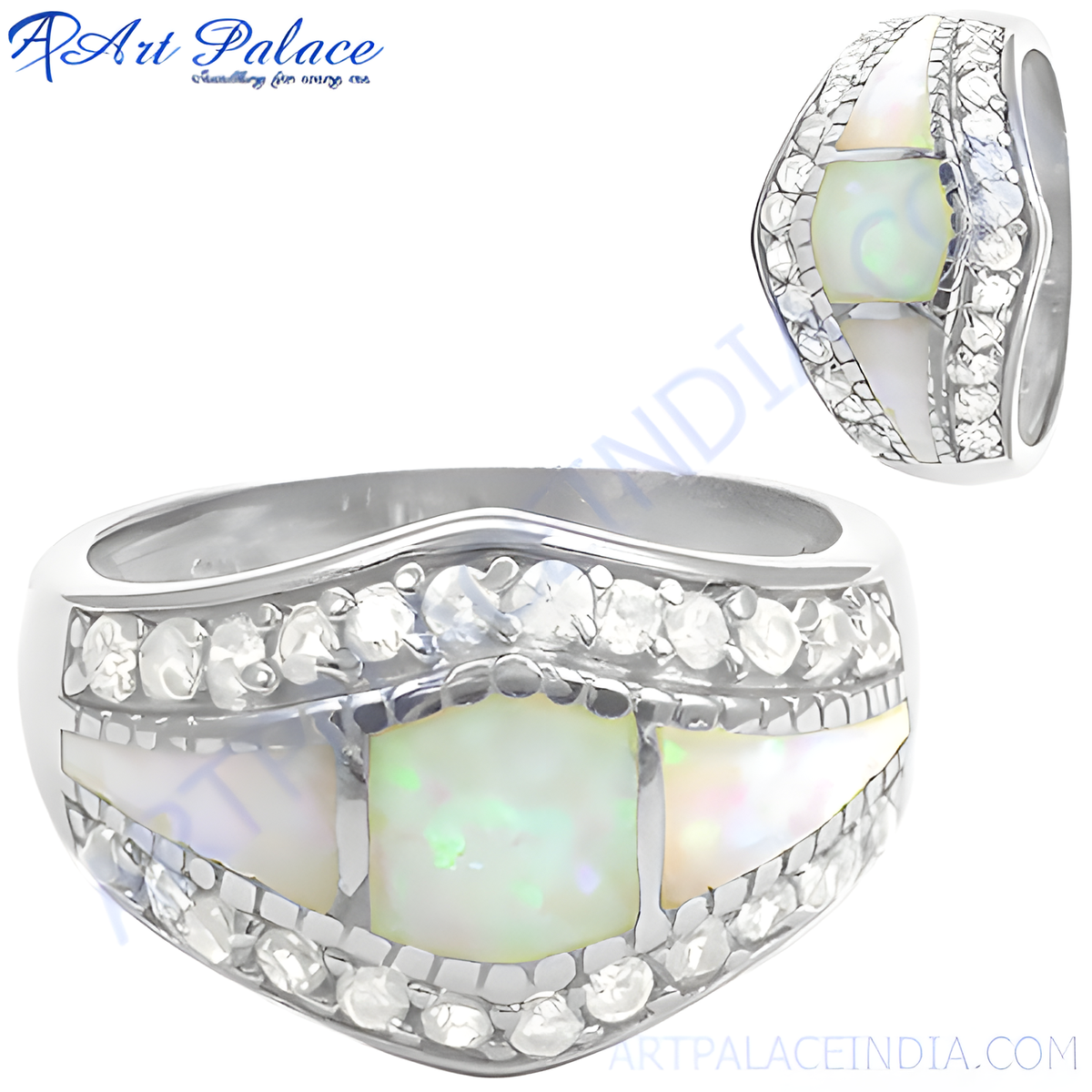 Silver opal ring with mother of pearl and cubic zirconia accents