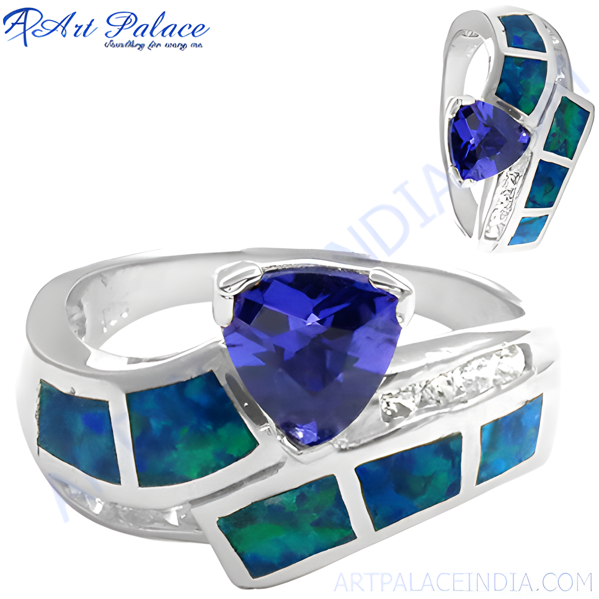 Sterling silver statement ring with triangle tanzanite center stone and blue opal accents