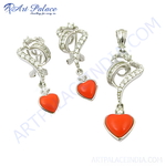 Load image into Gallery viewer, Sterling silver heart pendant earrings set with red coral gemstones, for women's jewelry.
