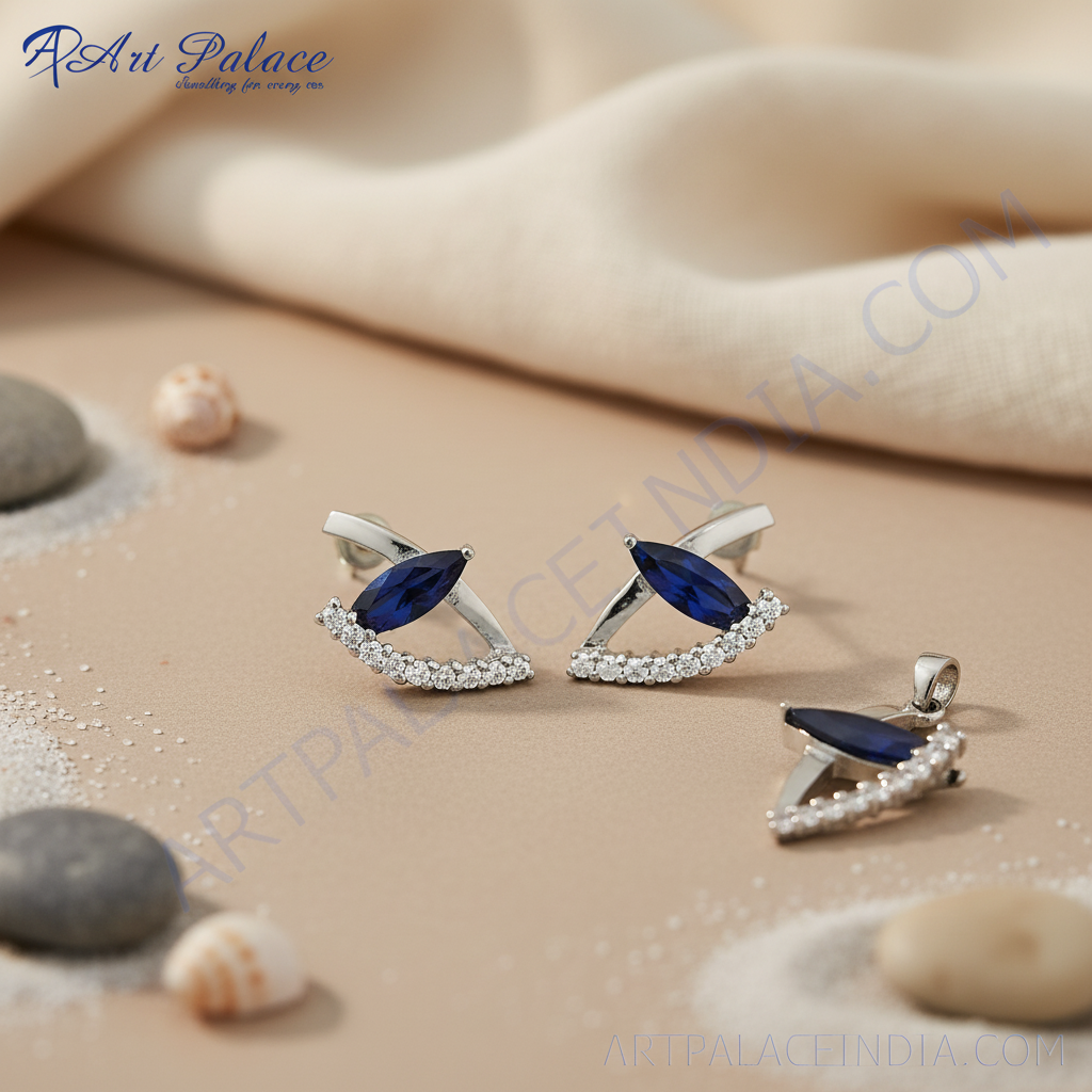 Silver Sapphire Jewelry Set | Stud Earrings & Pendant for Women