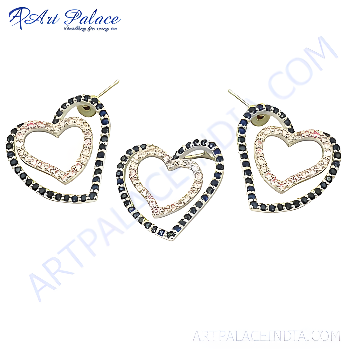 Silver heart stud earrings with black and white crystals on a white background, perfect for a gift