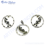 Load image into Gallery viewer, Sterling silver pendant and stud earrings set with black sapphire gemstones. Stylish and elegant design.
