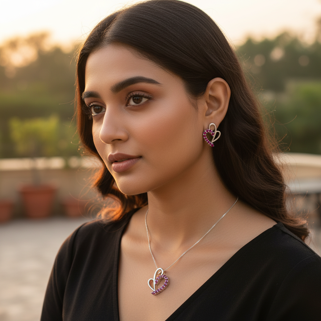 Silver Ruby Heart Jewelry Set | Earrings & Pendant | For Women