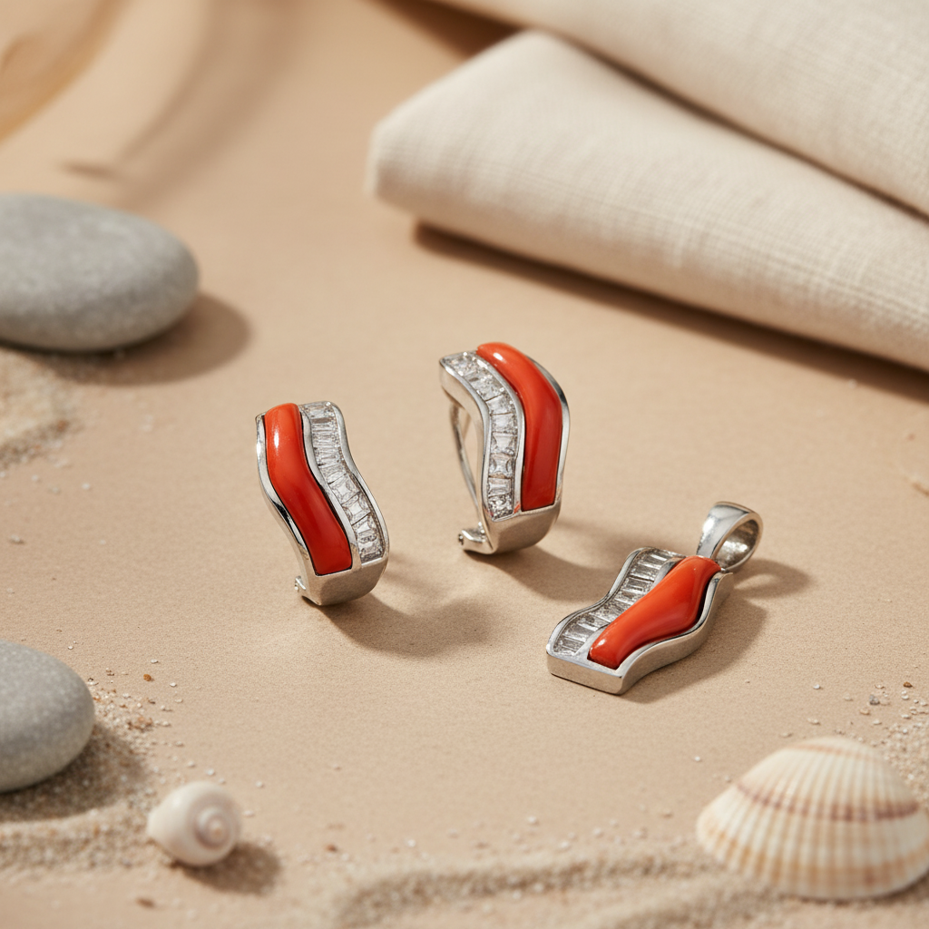 Silver Coral Gemstone Jewelry Set | Women's Gift | Art Palace
