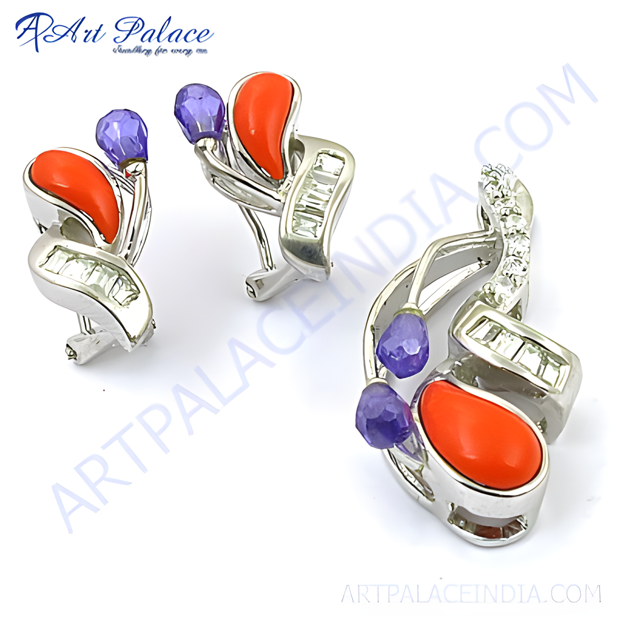 Sterling silver earrings and pendant set featuring red coral and purple gemstone accents, luxury jewelry