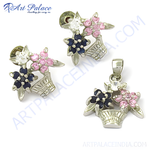 Load image into Gallery viewer, Sterling silver flower basket pendant and earring set with pink and blue gemstones
