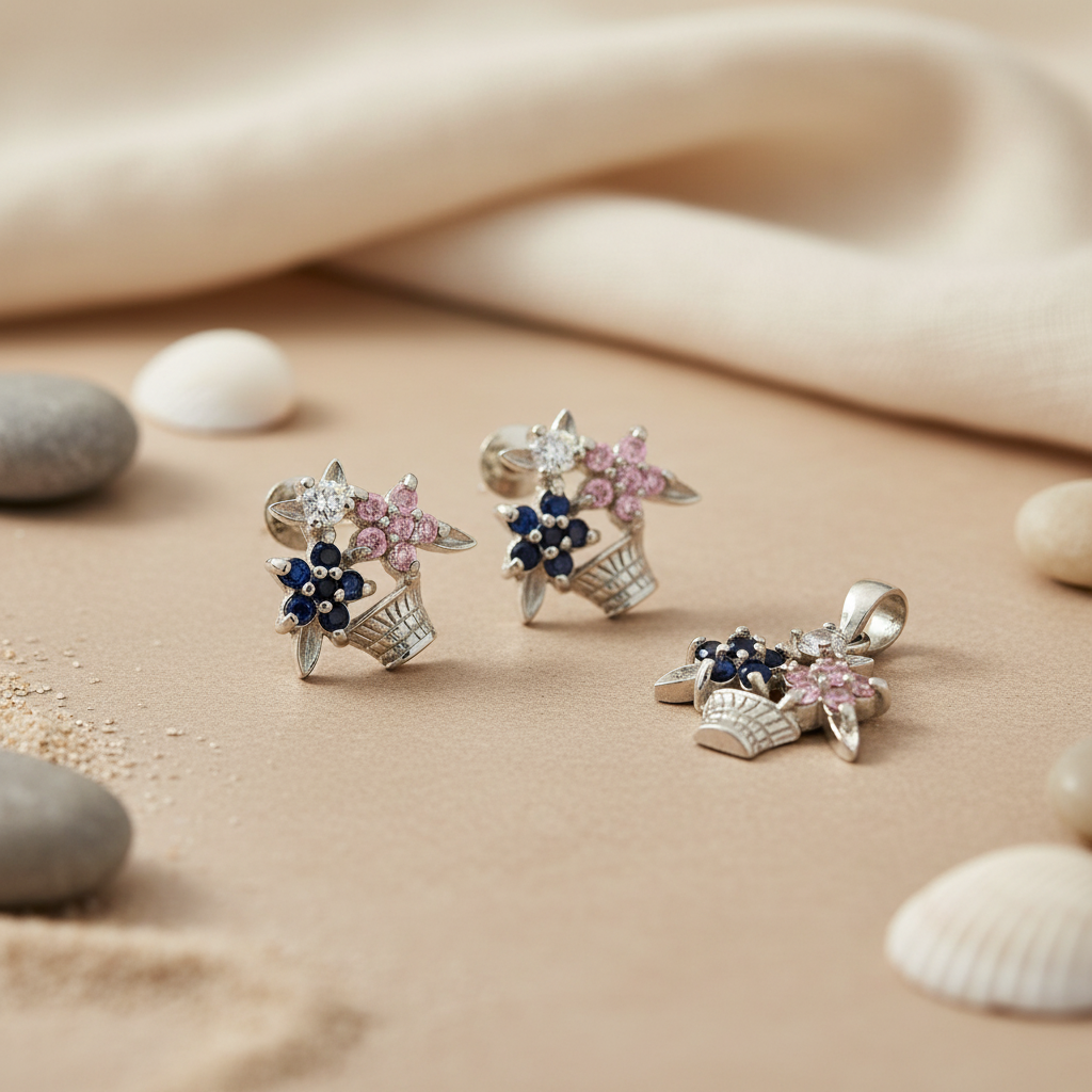 Silver Flower Basket Earrings, Pendant Set | Gemstone Jewelry