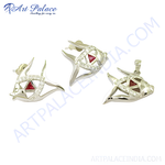 Load image into Gallery viewer, 925 sterling silver fish earrings and pendant set with red ruby and white cubic zirconia accents
