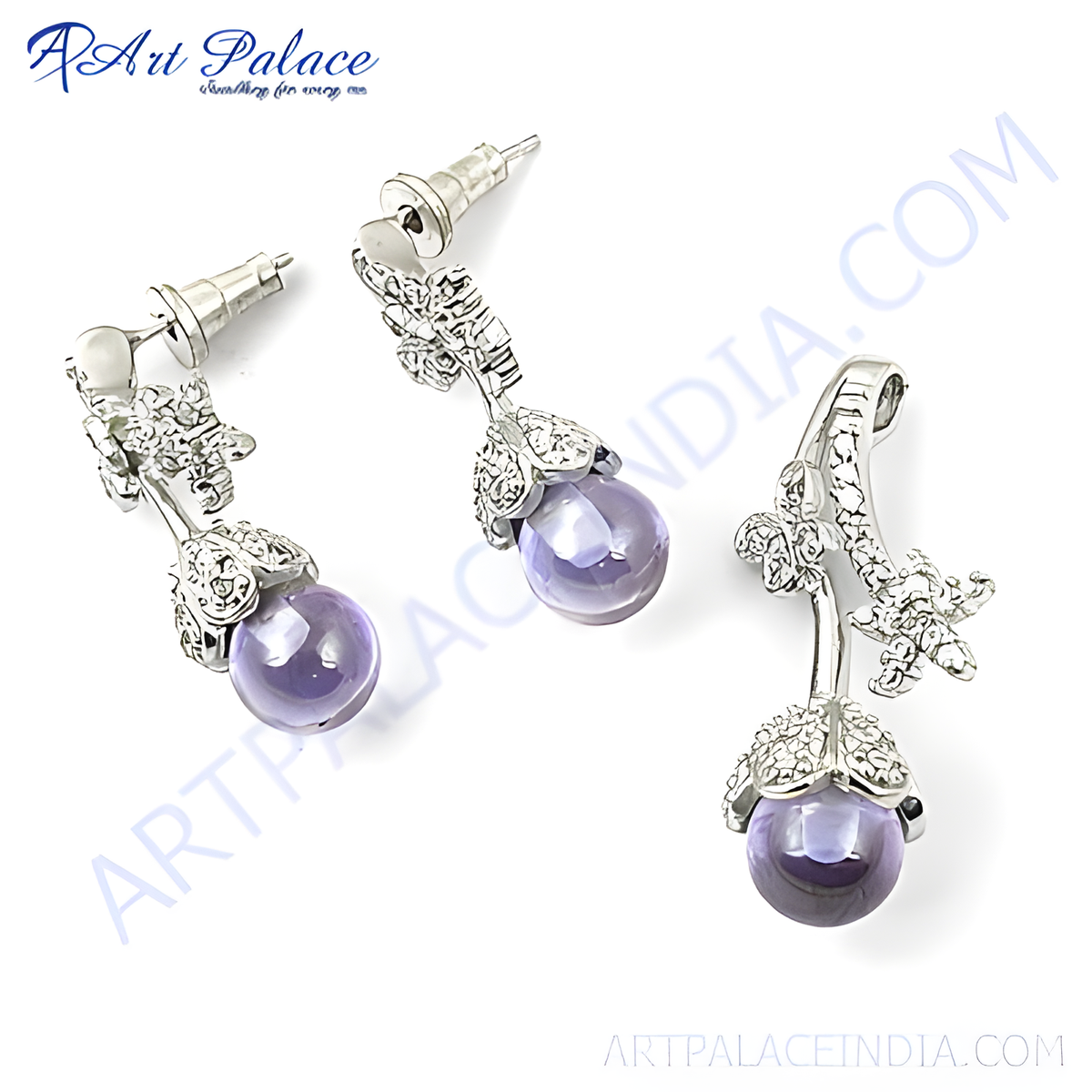 Silver drop earrings with floral detailing and a purple amethyst gemstone, perfect for women
