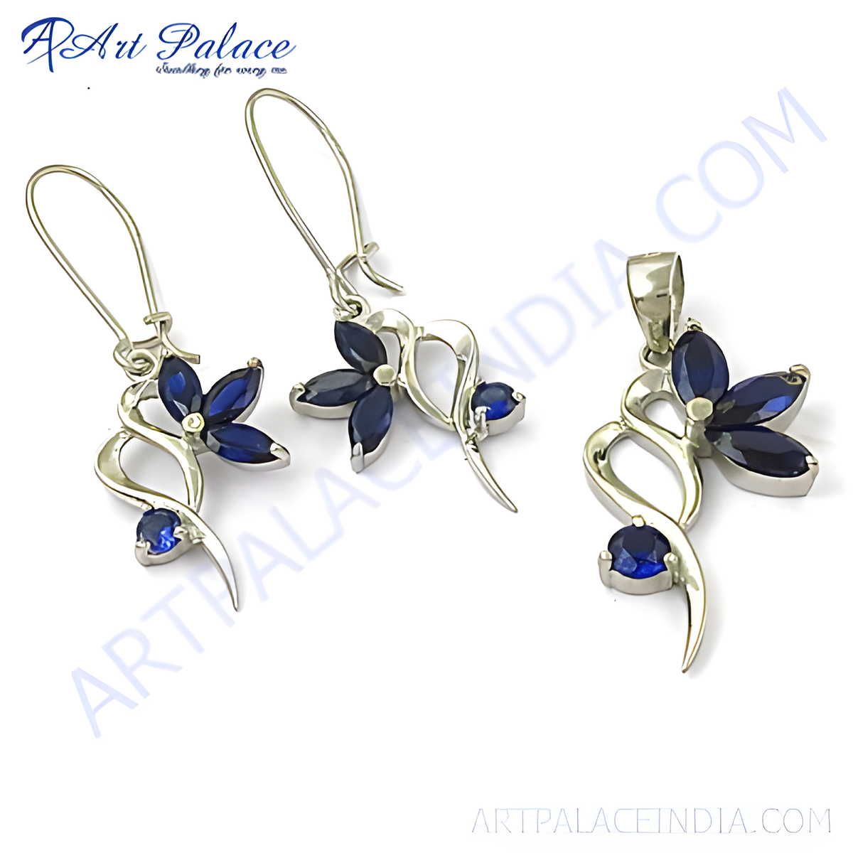 Sterling silver earring and pendant set with blue sapphire gemstones in a flower design