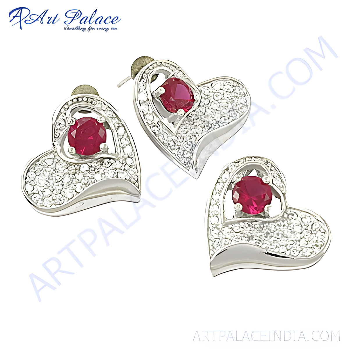 Silver heart shaped stud earrings with a central red ruby gemstone, perfect for women's jewelry