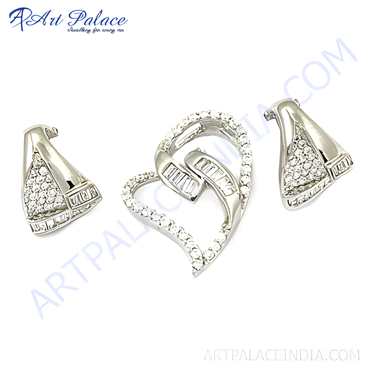 Silver heart pendant and earrings set with sparkling diamonds, elegant design