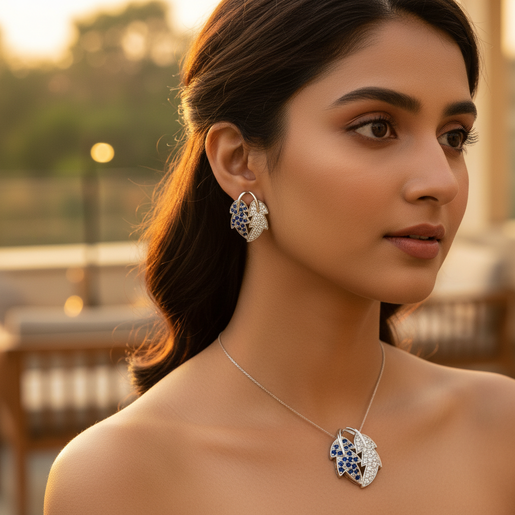 925 silver blue sapphire leaf jewelry set | for women