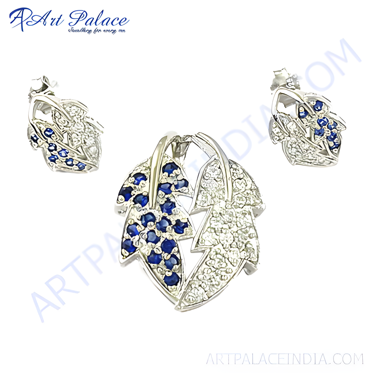 Sterling silver leaf pendant and stud earrings set with blue sapphire gemstones