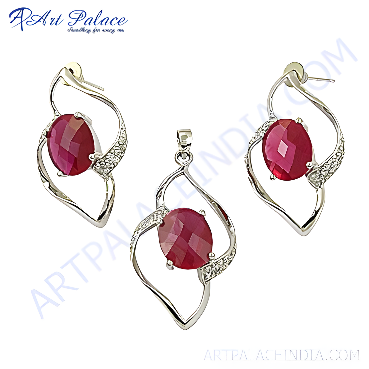Silver ruby jewelry set with oval cut red ruby gemstone pendant and matching earrings