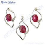 Load image into Gallery viewer, Silver ruby jewelry set with oval cut red ruby gemstone pendant and matching earrings.
