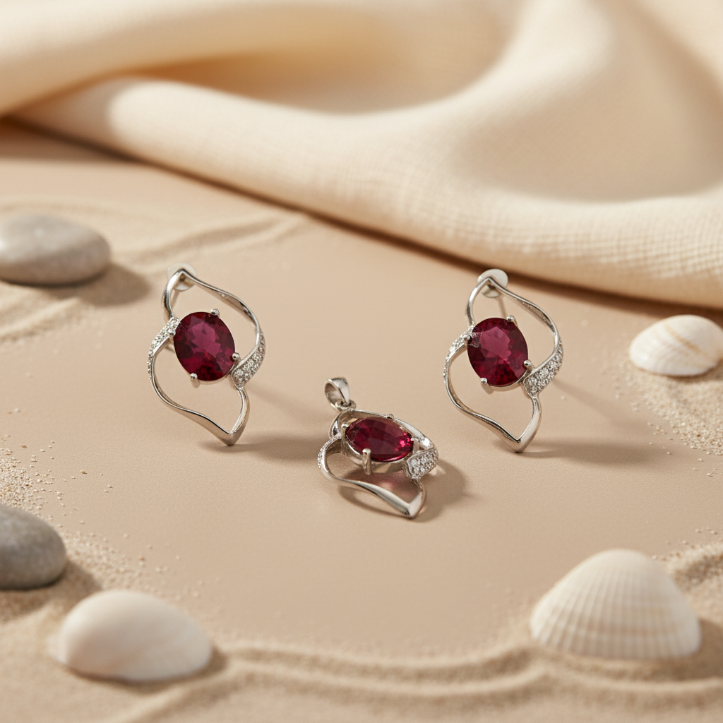 Ruby Jewelry Set: Silver Pendant & Earrings | Women's Gift