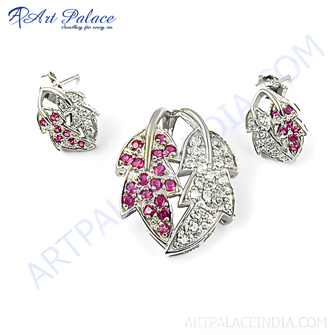 Silver leaf earrings and pendant set with red ruby gemstones, a perfect gift for women.