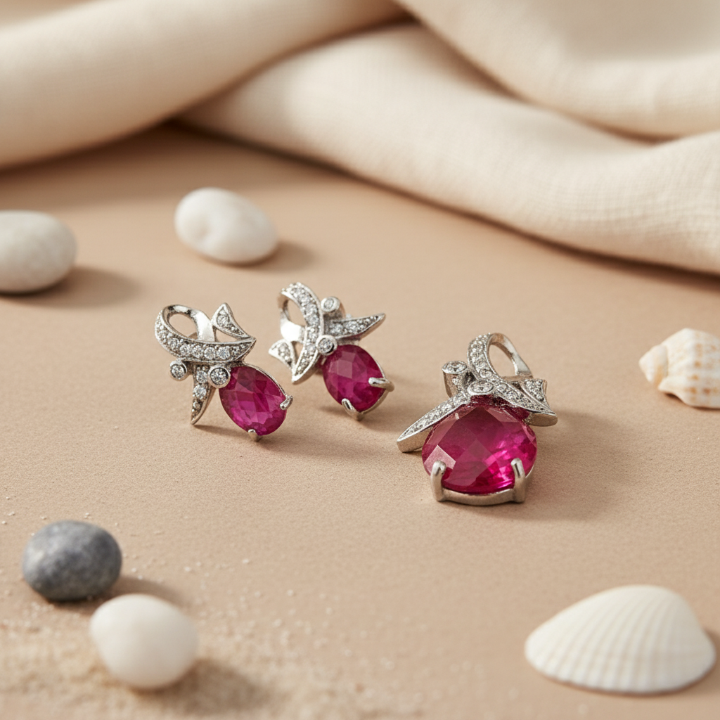 Silver Ruby Earrings and Pendant Set for Women | Gift Jewelry