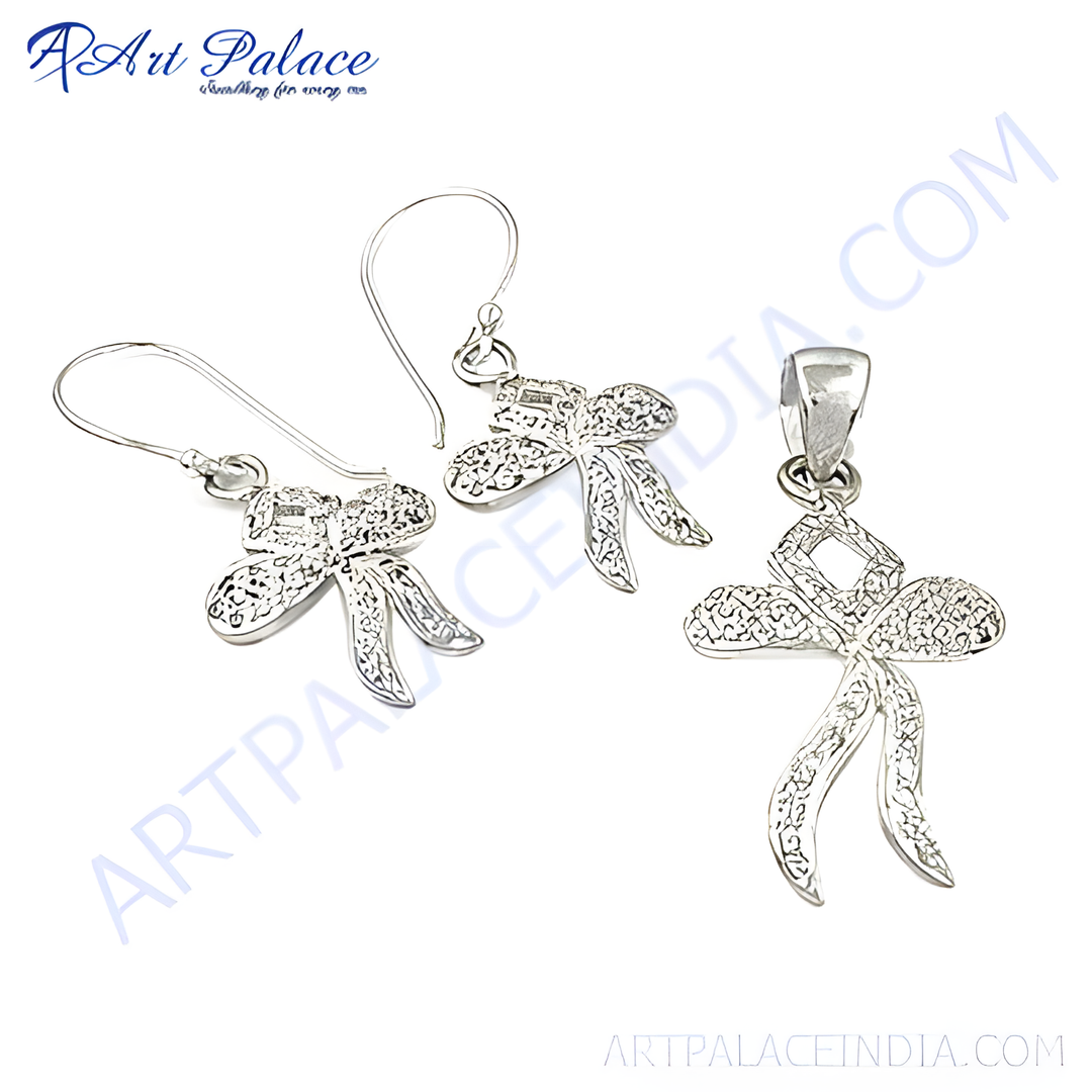 925 sterling silver bow earrings and pendant set with detailed design.