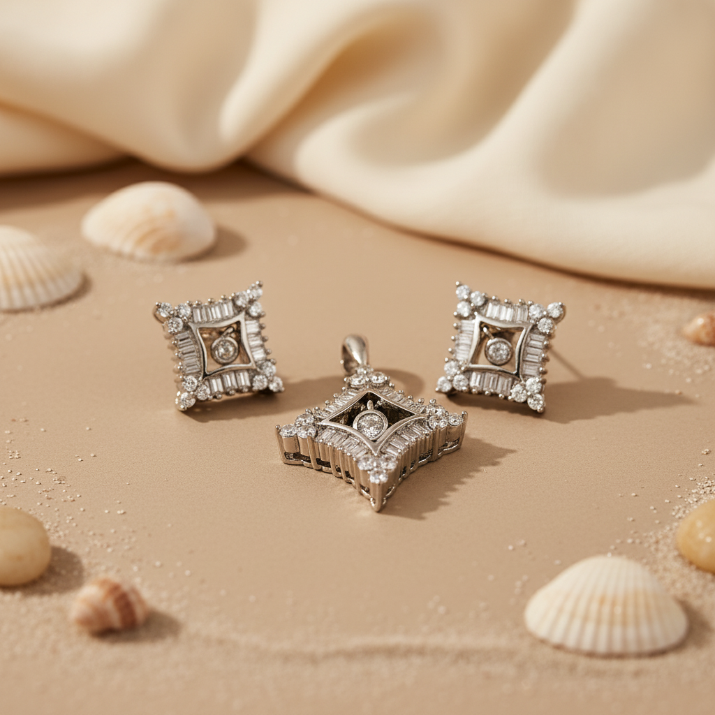 Silver Diamond Pendant & Earrings Set for Women | Gift Jewelry