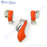 Load image into Gallery viewer, Silver pendant and matching earrings with vibrant orange coral gemstones.
