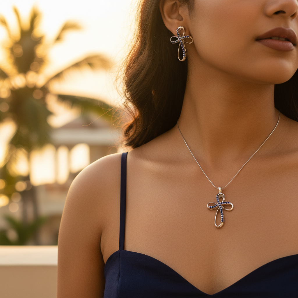 925 Silver Blue Sapphire Cross Pendant Set for Women