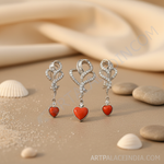 Load image into Gallery viewer, Silver Heart Pendant Earrings Set with Red Coral | Women's Jewelry
