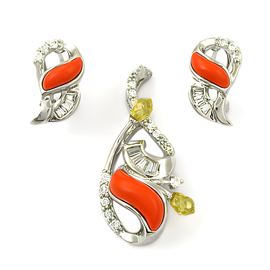 New Antique CZ & Synthetic Coral Gemstone Silver Pendant Set