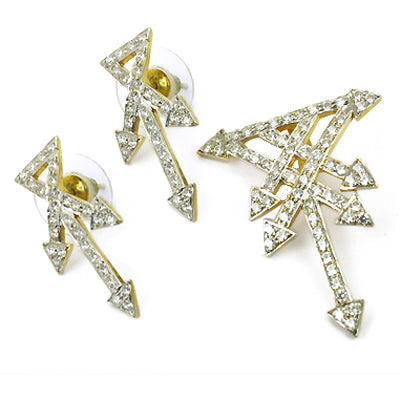 gold plating-Tone Crystal Arrow Earrings & Brooch Set | Gift for Her
