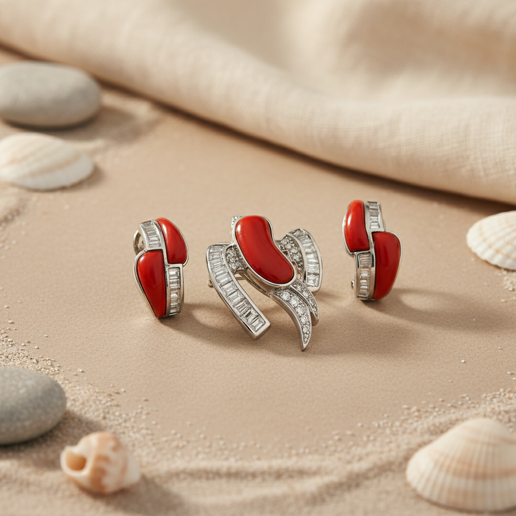 Silver Coral Jewelry Set | Sterling Silver Earrings & Pendant