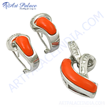 Load image into Gallery viewer, Silver earrings and pendant with vibrant orange coral gemstones, perfect for women's jewelry collections.
