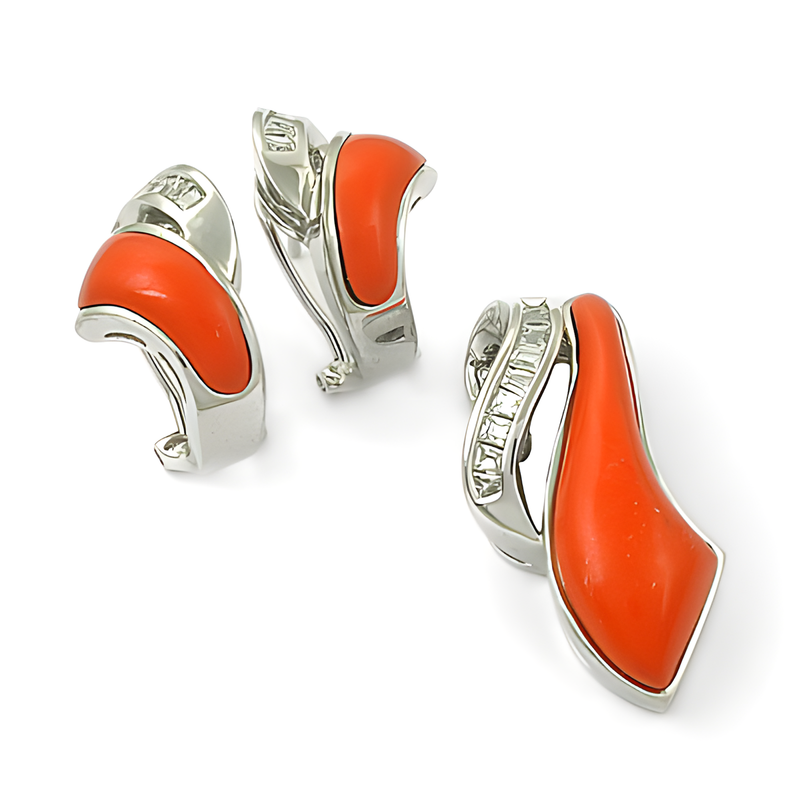 Pure Style Synthetic Coral & Cubic Zirconia Silver Gemstone Pendant Set