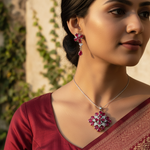 Load image into Gallery viewer, Silver Ruby Pendant Earrings Set | Women&#39;s Jewelry Gift
