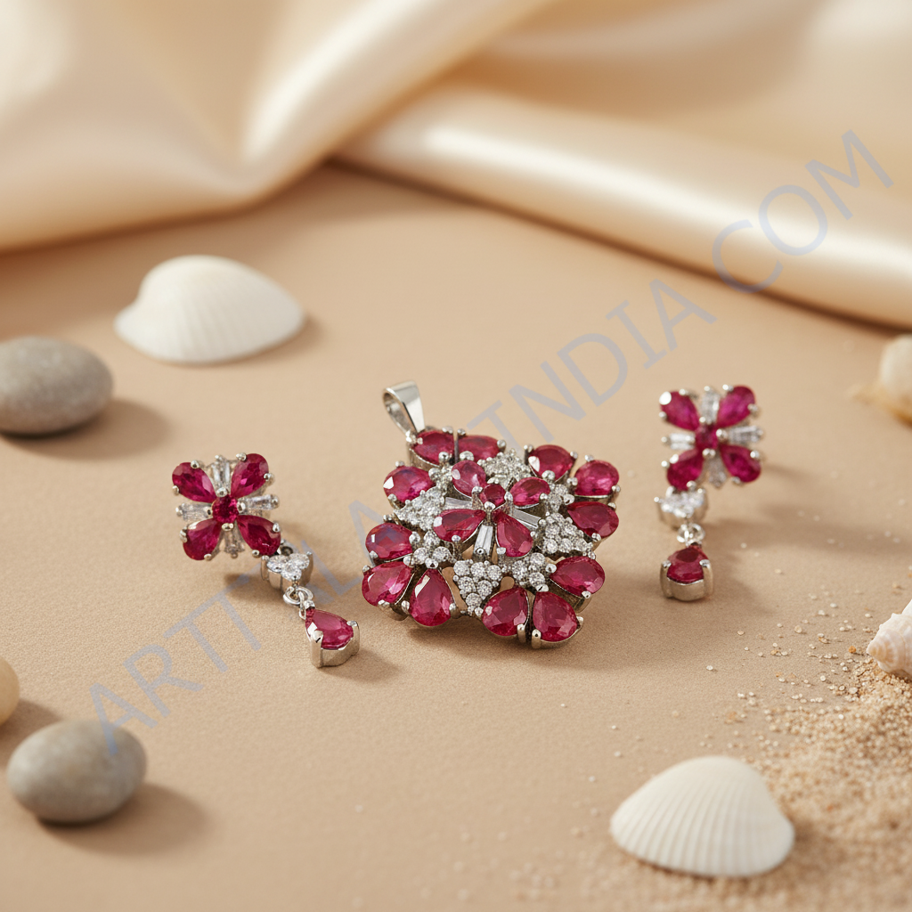 Silver Ruby Pendant Earrings Set | Women's Jewelry Gift