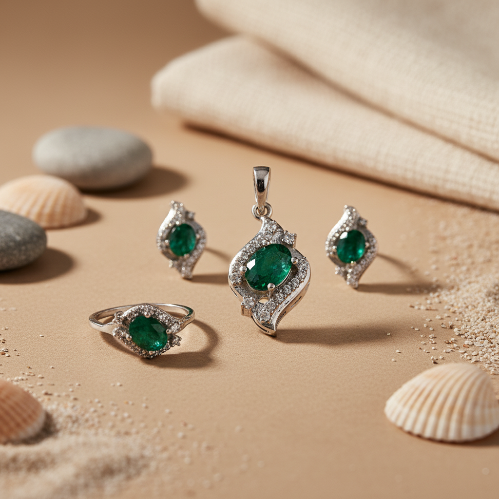925 Silver Emerald Jewelry Set | Women's Gift | Emerald Earrings & Pendant
