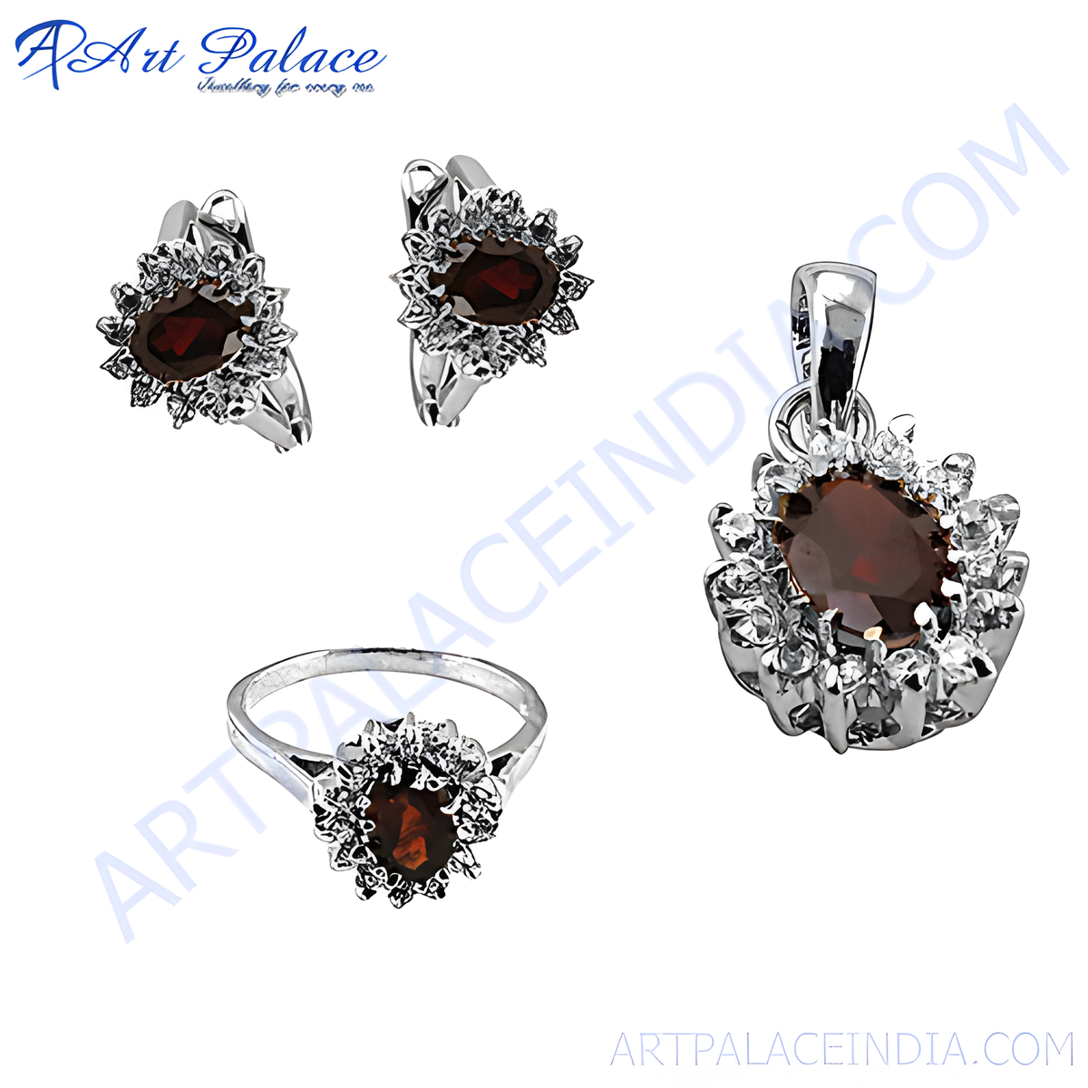 Sterling silver jewelry set with red garnet gemstones