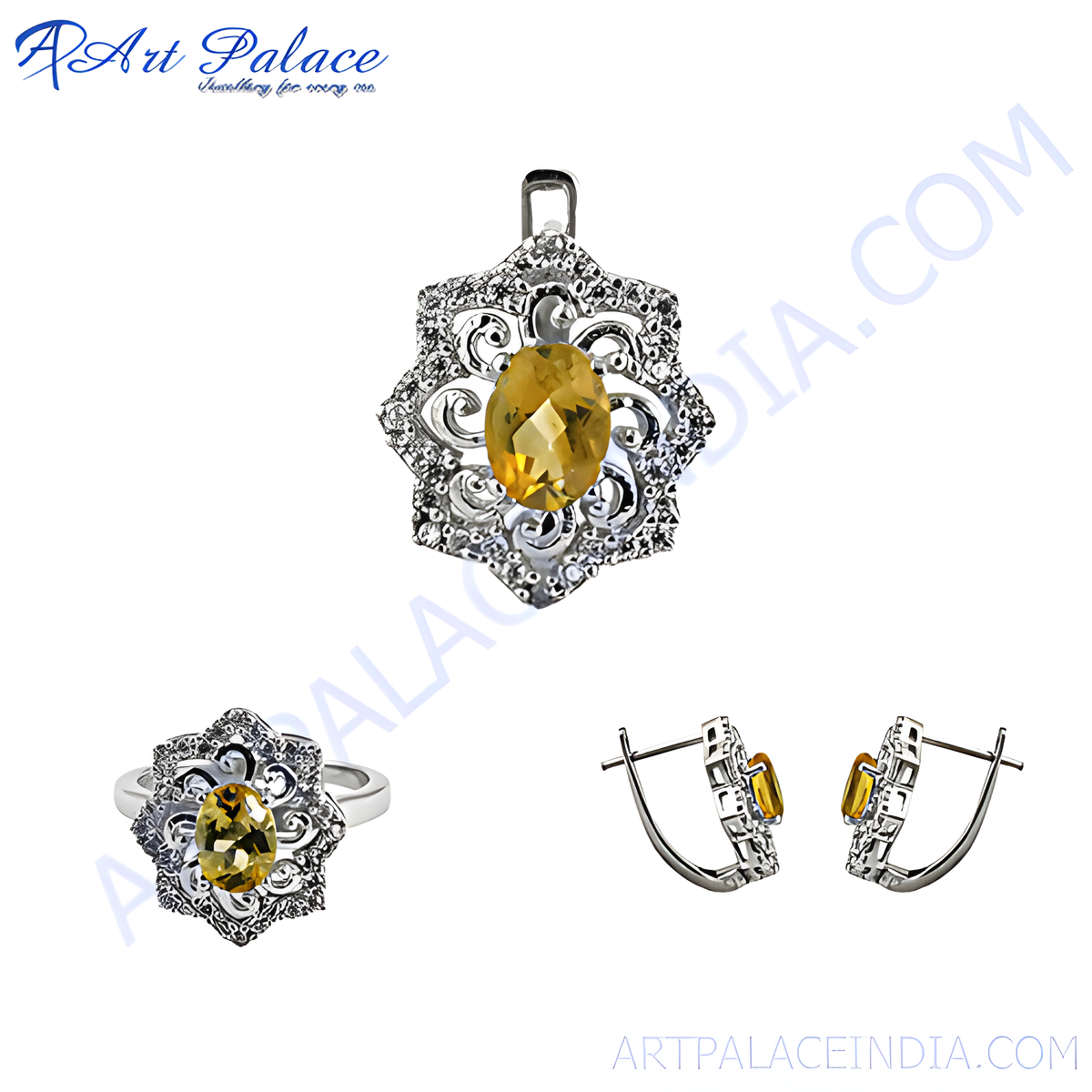 925 sterling silver jewelry set featuring a citrine gemstone ring, pendant, and earrings