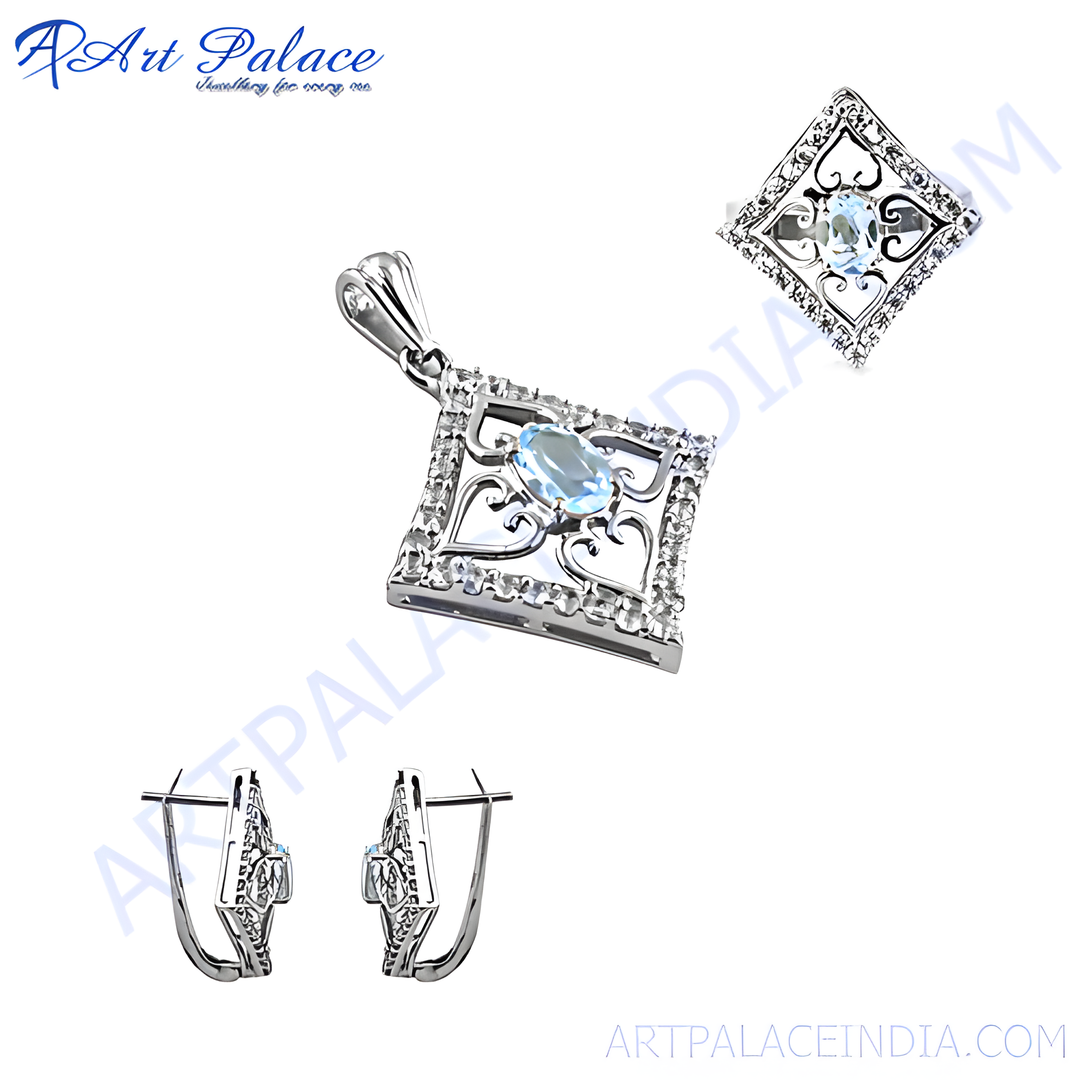 Sterling silver pendant necklace, earrings, and ring set with gemstone accents for women.