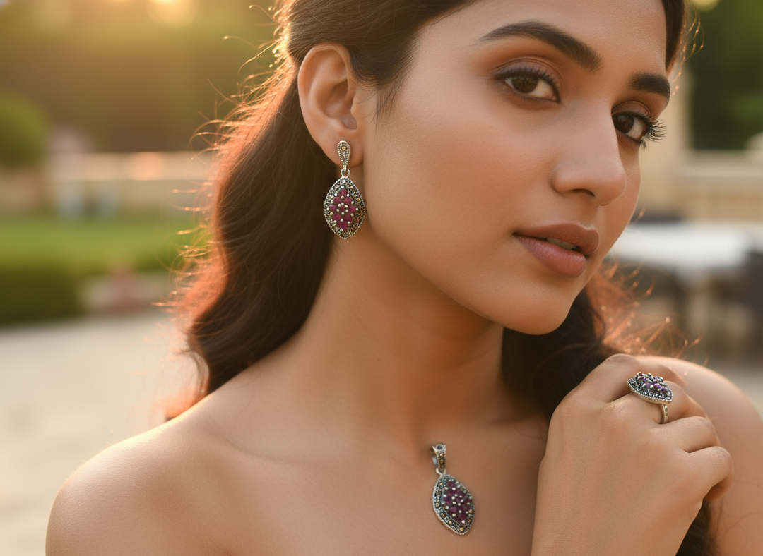 925 Silver Ruby Ring & Earrings Set | Women's Jewelry Gift